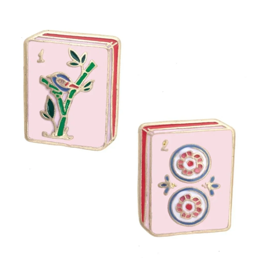 Mahjong Tile Stud Earrings | Pink Enamel Mahjong Jewelry NWT / Sealed - Picture 3 of 4